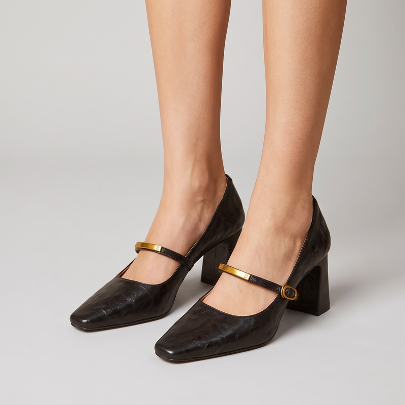 Ines block heel sandals in brown, worn