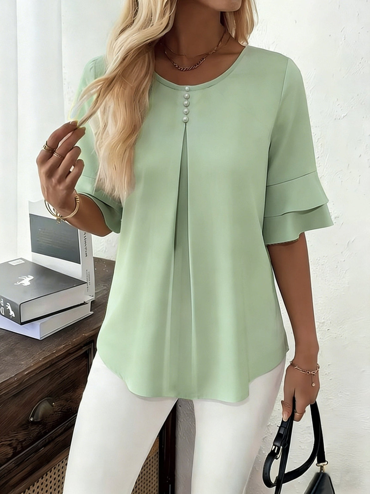 Celina flared sleeve pleated blouse