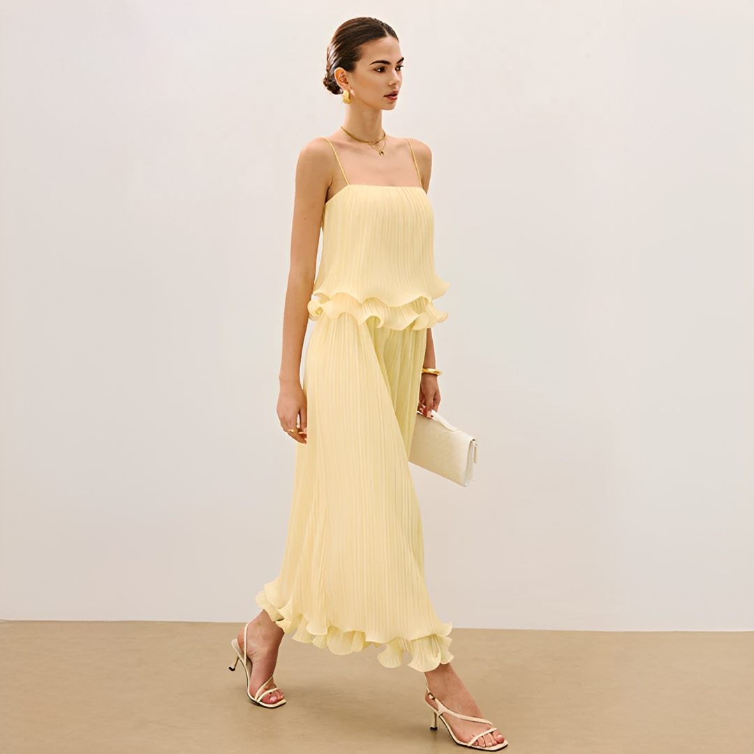 Daphne two piece pleated skirt set in green