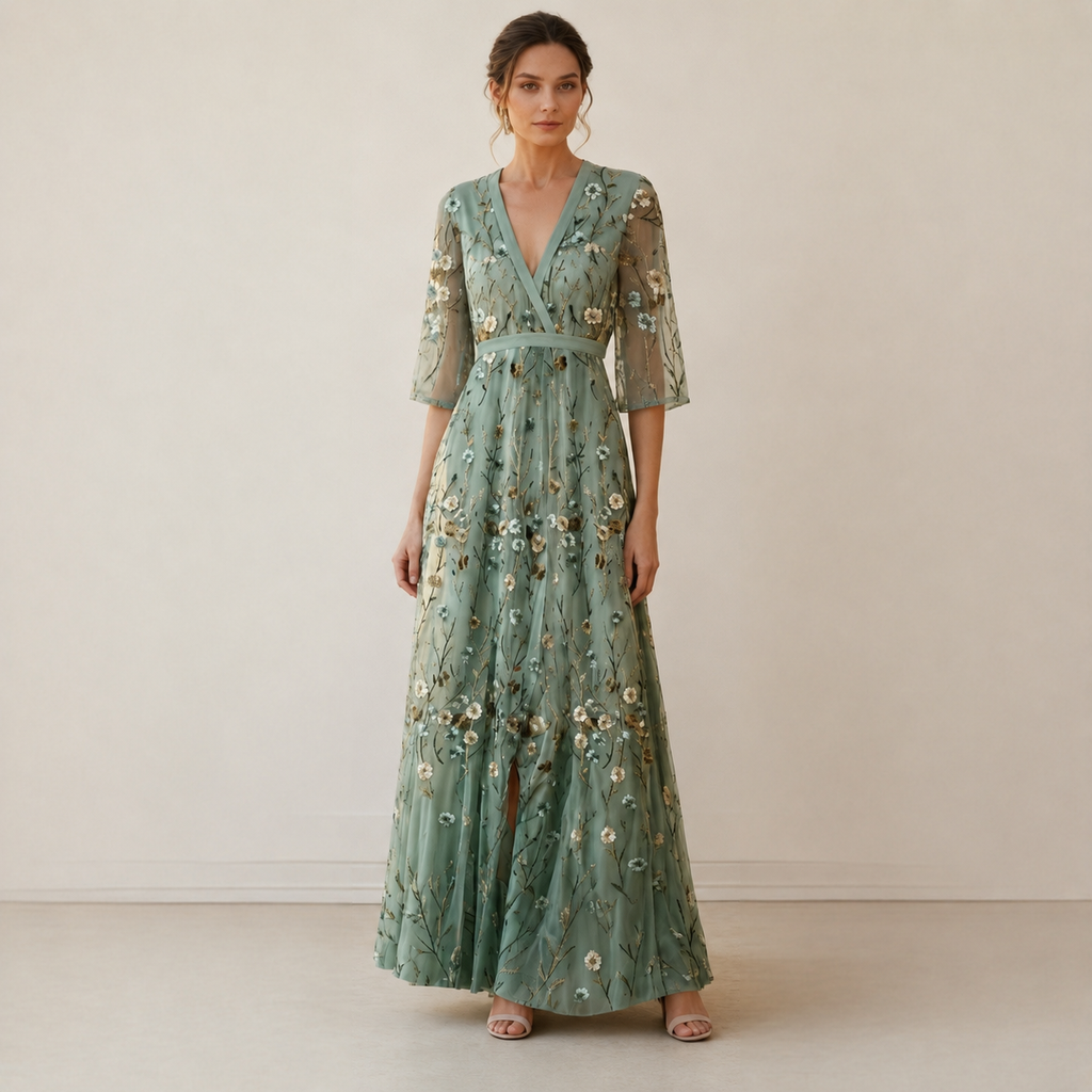 Flora green floral flowing maxi dress, front view