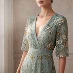 Flora green floral flowing maxi dress, back view