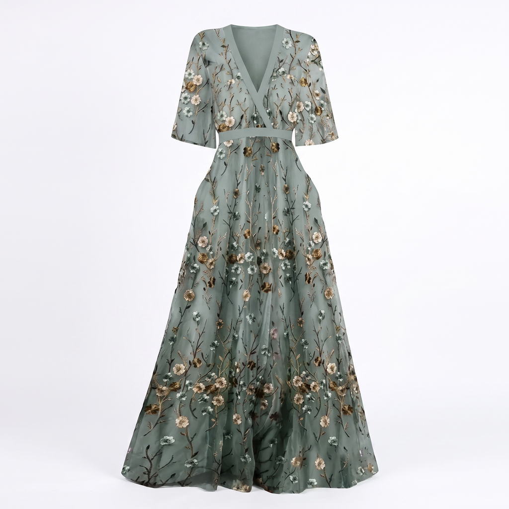 Flora green floral flowing maxi dress, detail