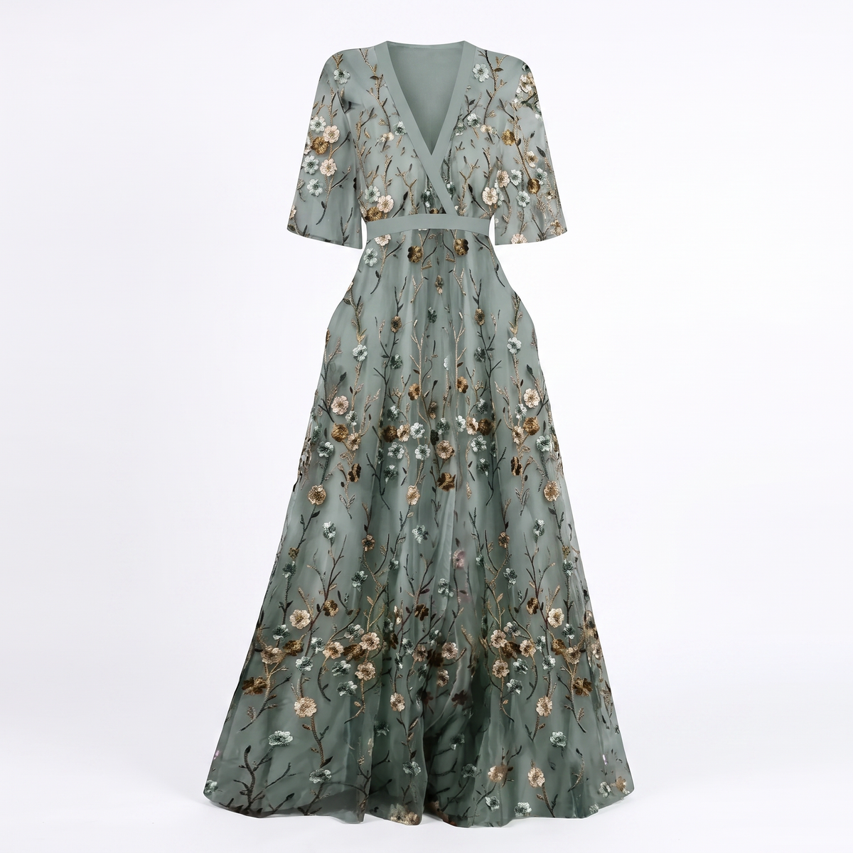 Flora green floral flowing maxi dress, detail