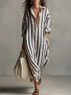 Charlotte striped A line dress in brown