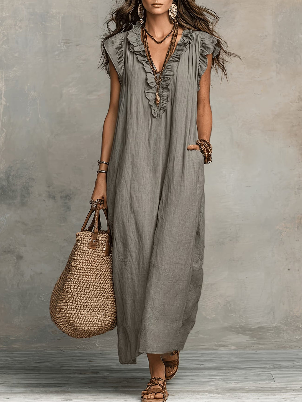 Wren linen maxi dress with ruffle v neckline – image 2