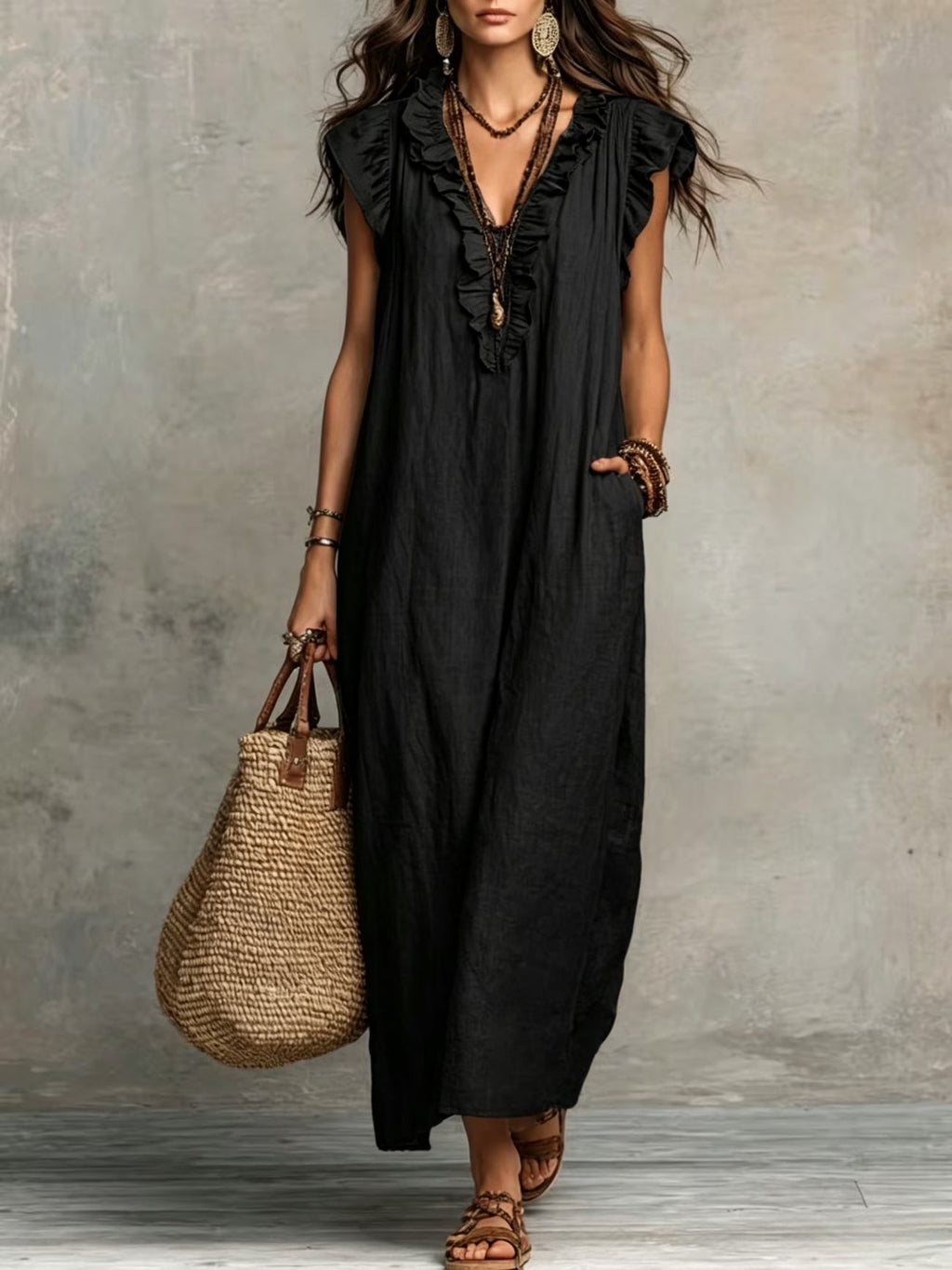 Wren linen maxi dress with ruffle v neckline – image 3
