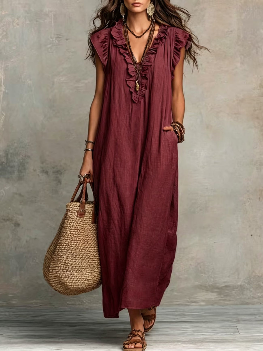 Wren linen maxi dress with ruffle v neckline – image 4