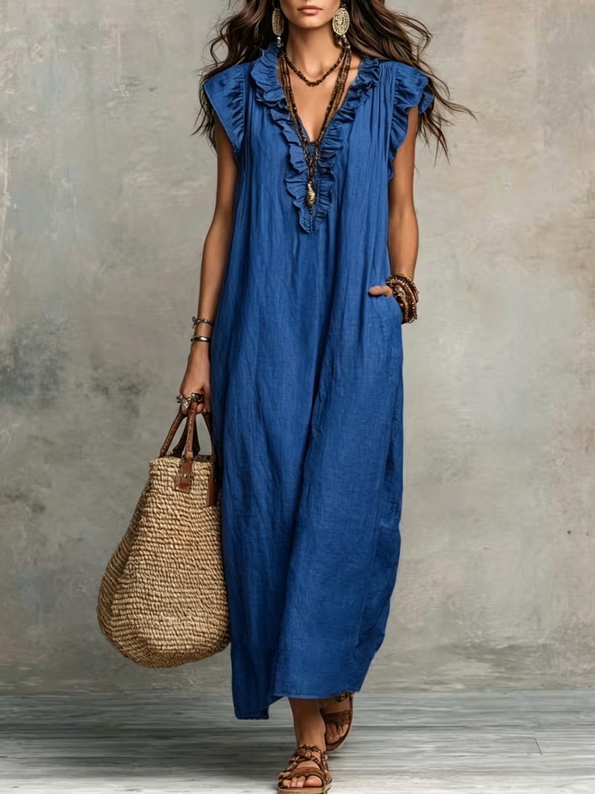 Wren linen maxi dress with ruffle v neckline