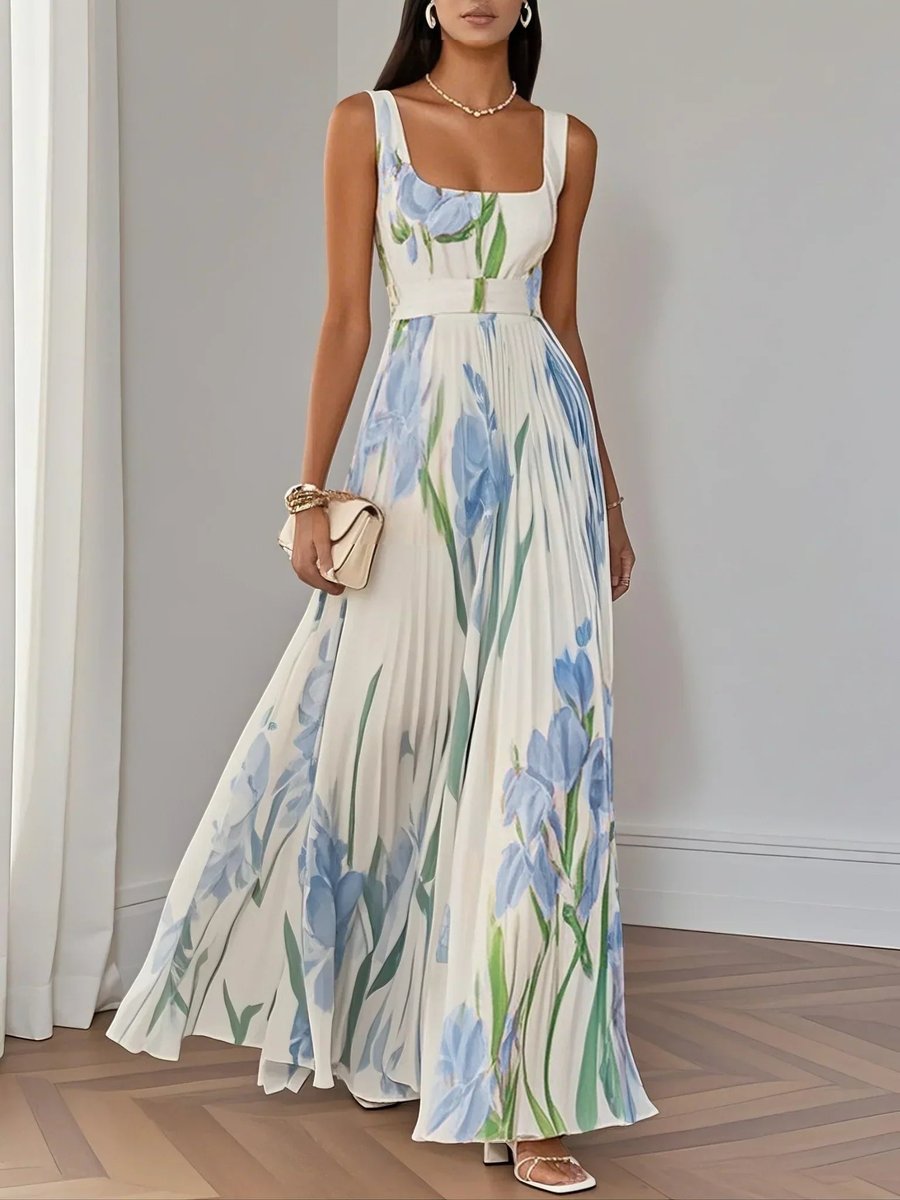Elise floral pleated chiffon maxi dress in yellow