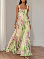 Elise floral pleated chiffon maxi dress, front view