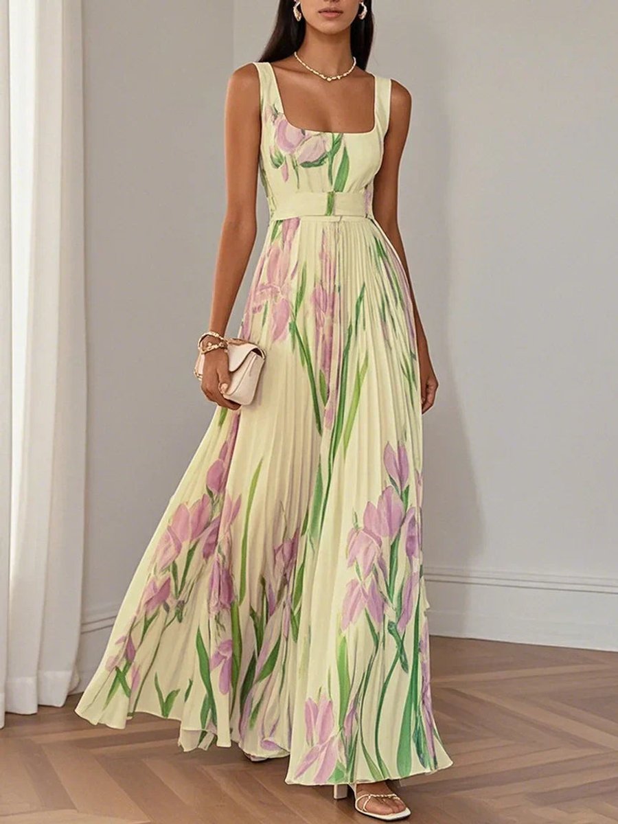 Elise floral pleated chiffon maxi dress, front view