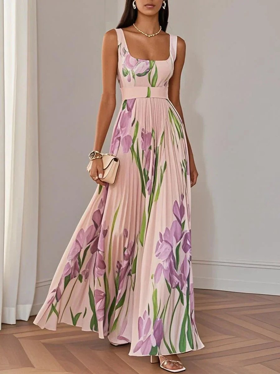 Elise floral pleated chiffon maxi dress, back view