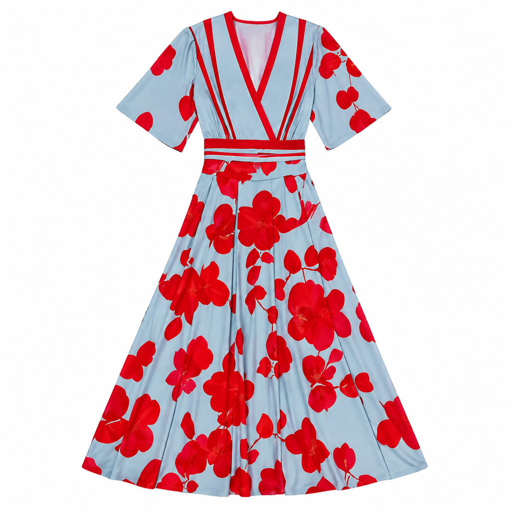 Jade red floral maxi dress, front view