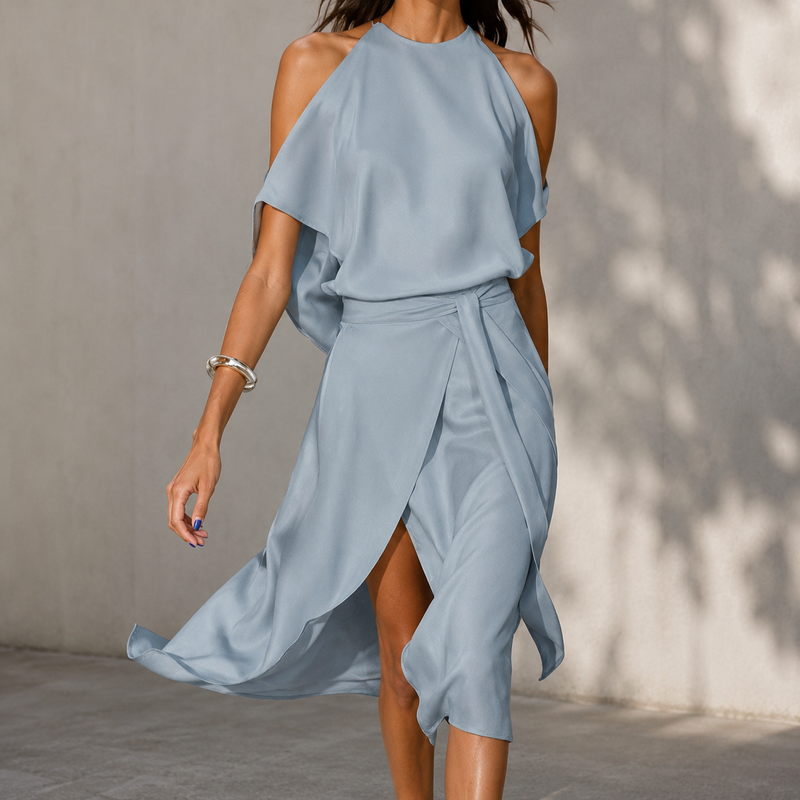 Madonna halter neck asymmetric midi dress