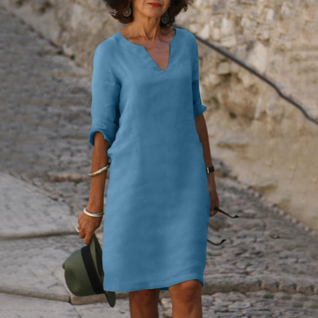 Isla linen midi dress with V neck