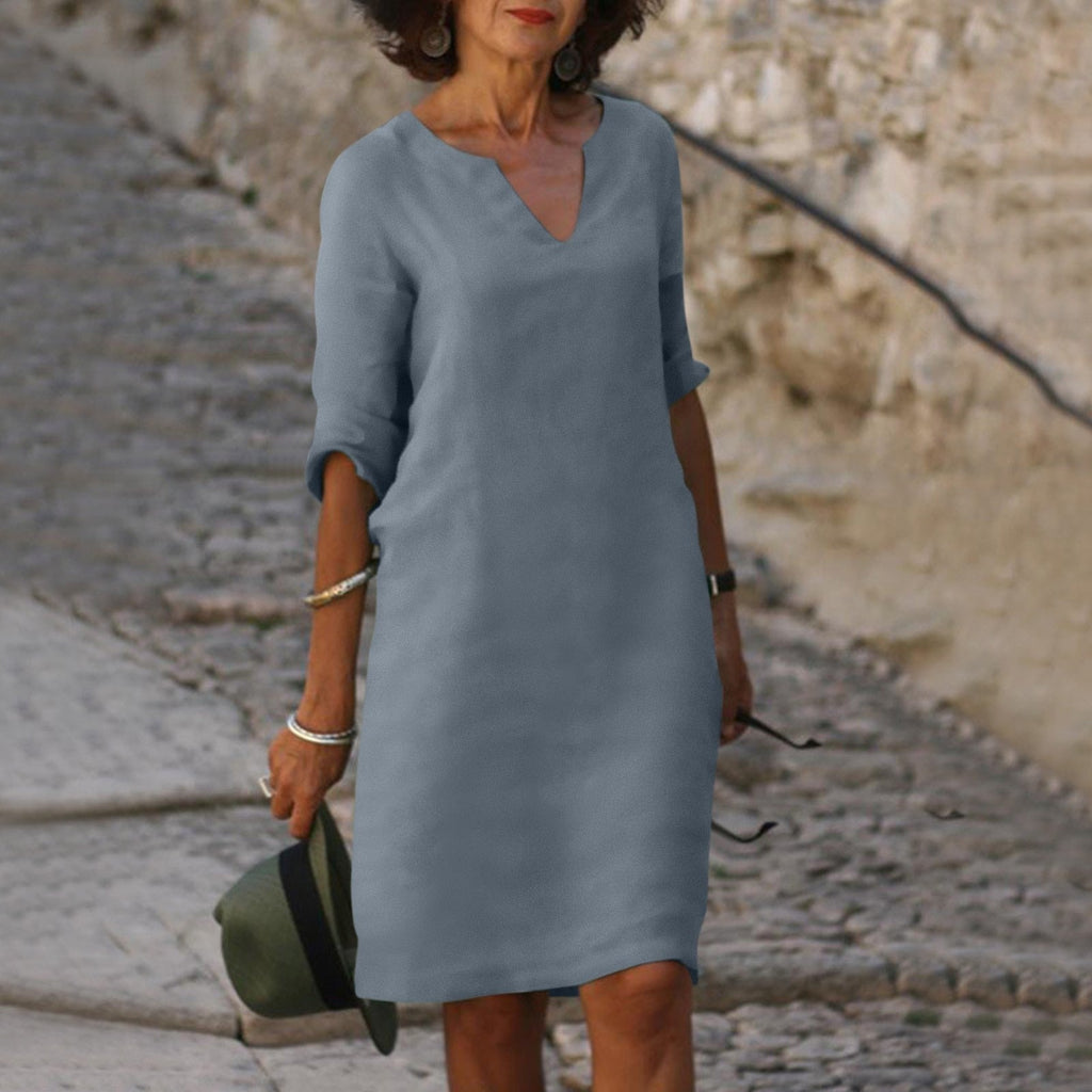 Isla linen midi dress with V neck