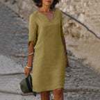 Isla linen midi dress with V neck