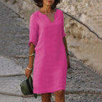 Isla linen midi dress with V neck