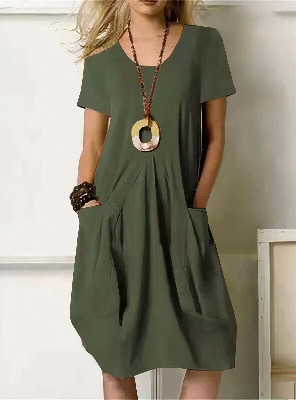 Rosalie linen v neck midi dress with pockets – image 3