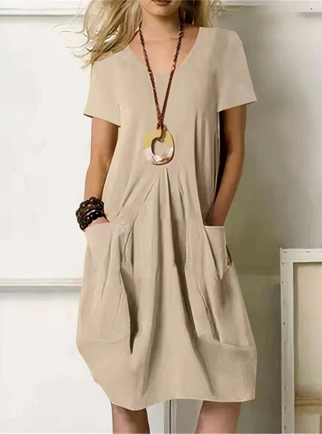 Rosalie linen v neck midi dress with pockets – image 4