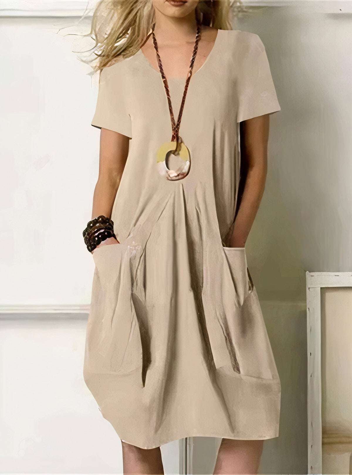 Rosalie linen v neck midi dress with pockets – image 4