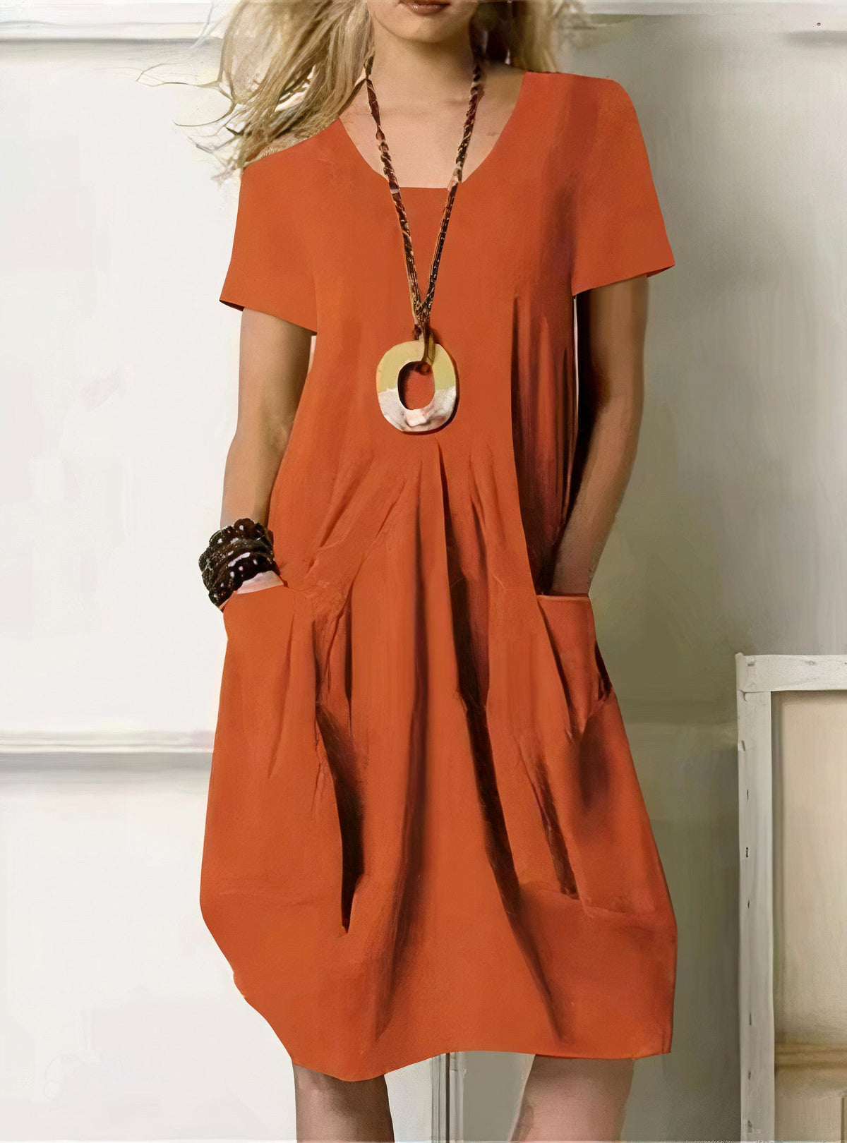 Rosalie linen v neck midi dress with pockets