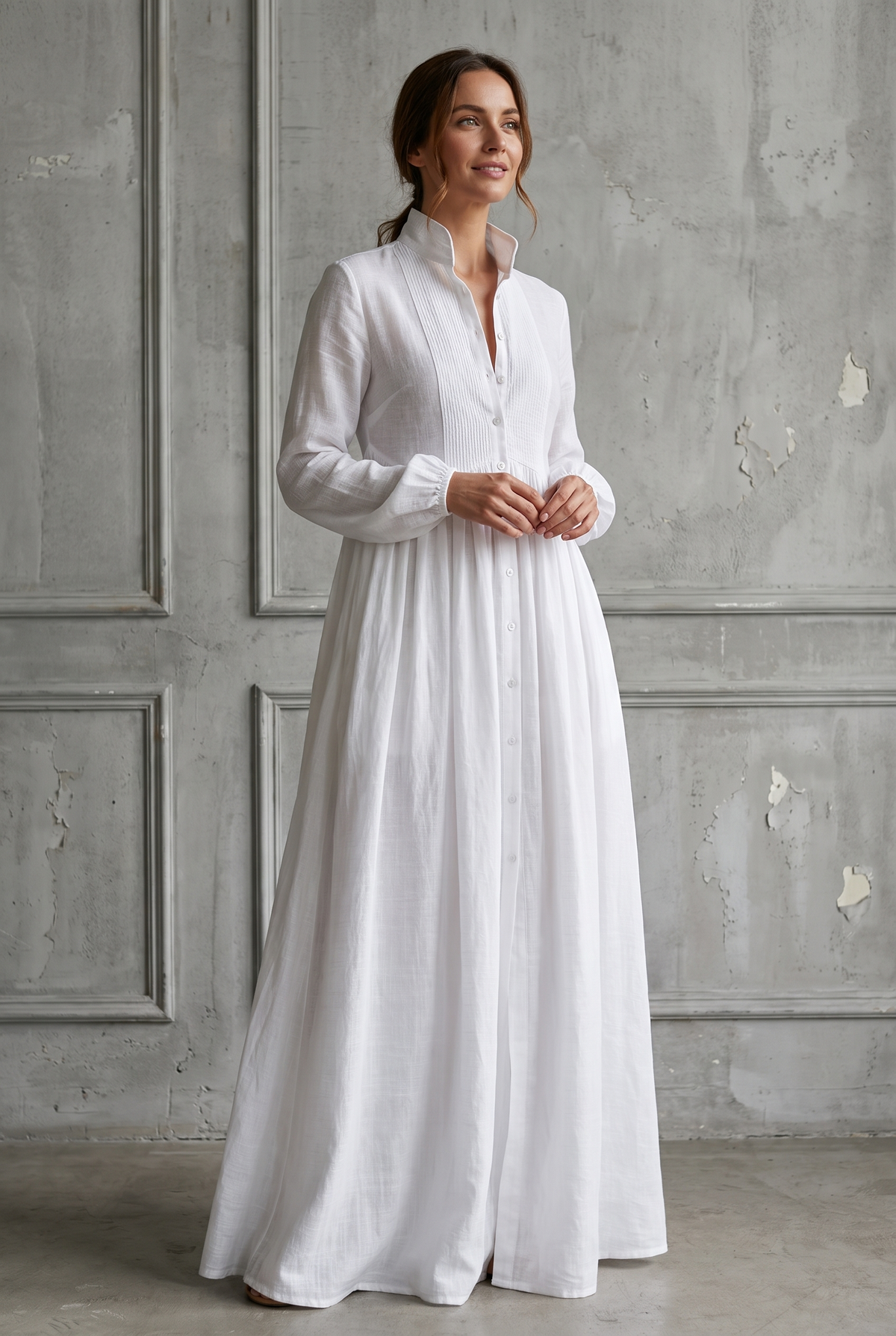 Odile cotton linen maxi dress with stand collar