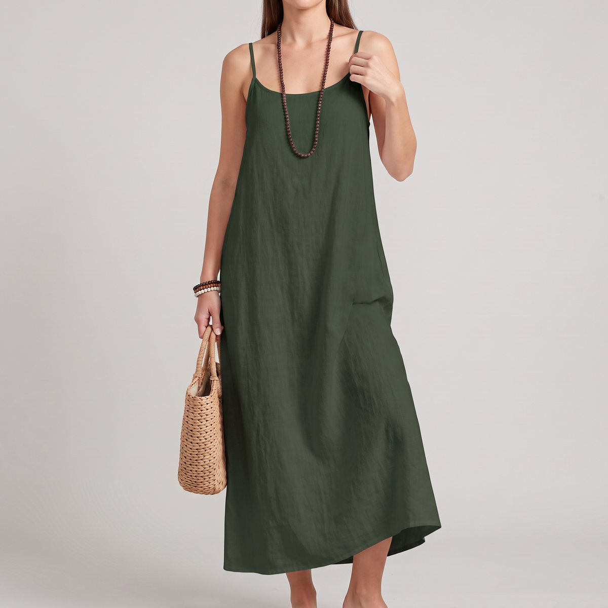 Alessia slip dress in forest green, front view