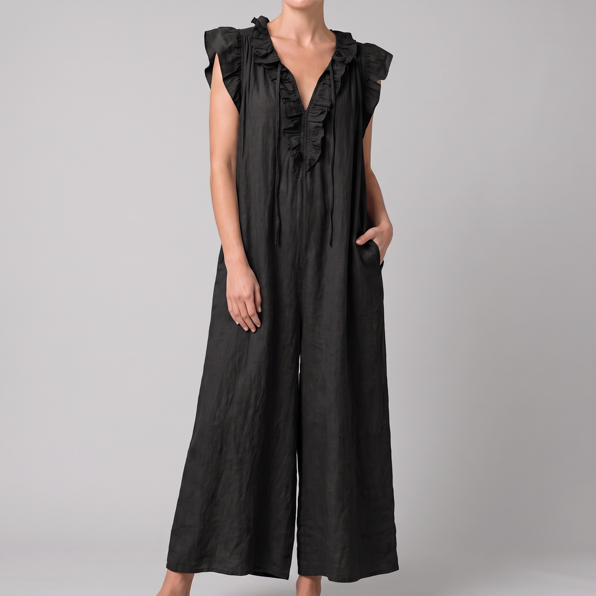 Camille midi dress in black, front view