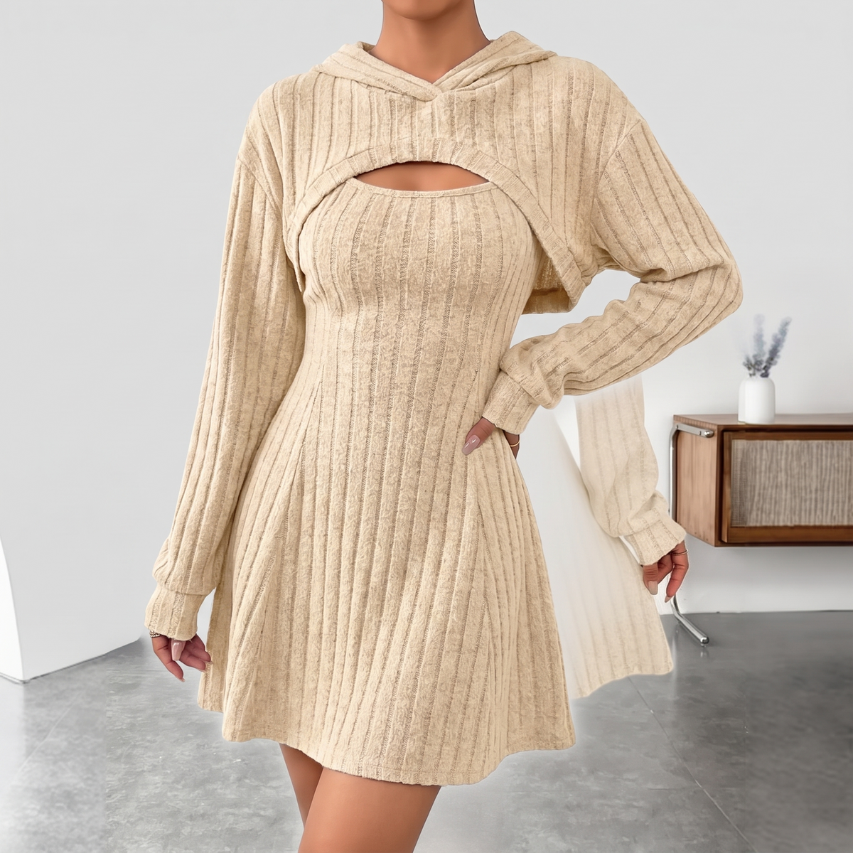 Esme mini dress in apricot, front view
