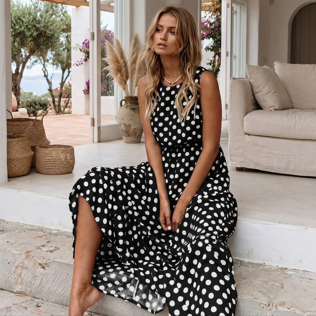 Edith sleeveless polka dot dress in brown