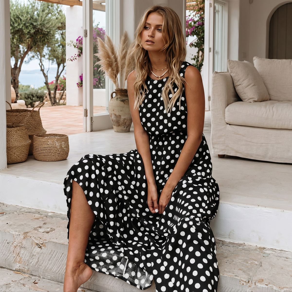 Edith sleeveless polka dot dress in brown