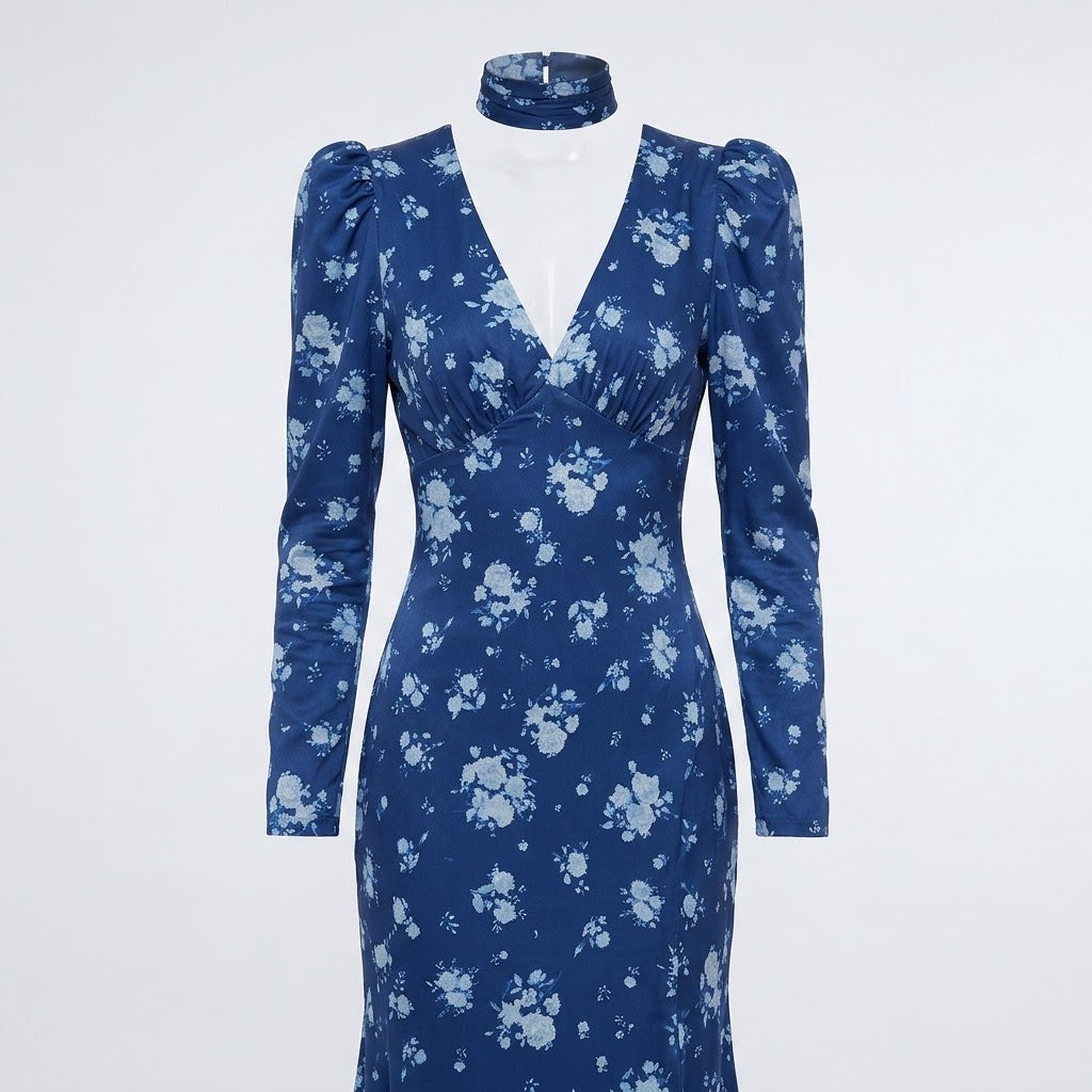 Isabella blue floral V neck midi dress, front view