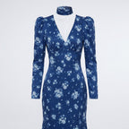 Isabella blue floral V neck midi dress, front view