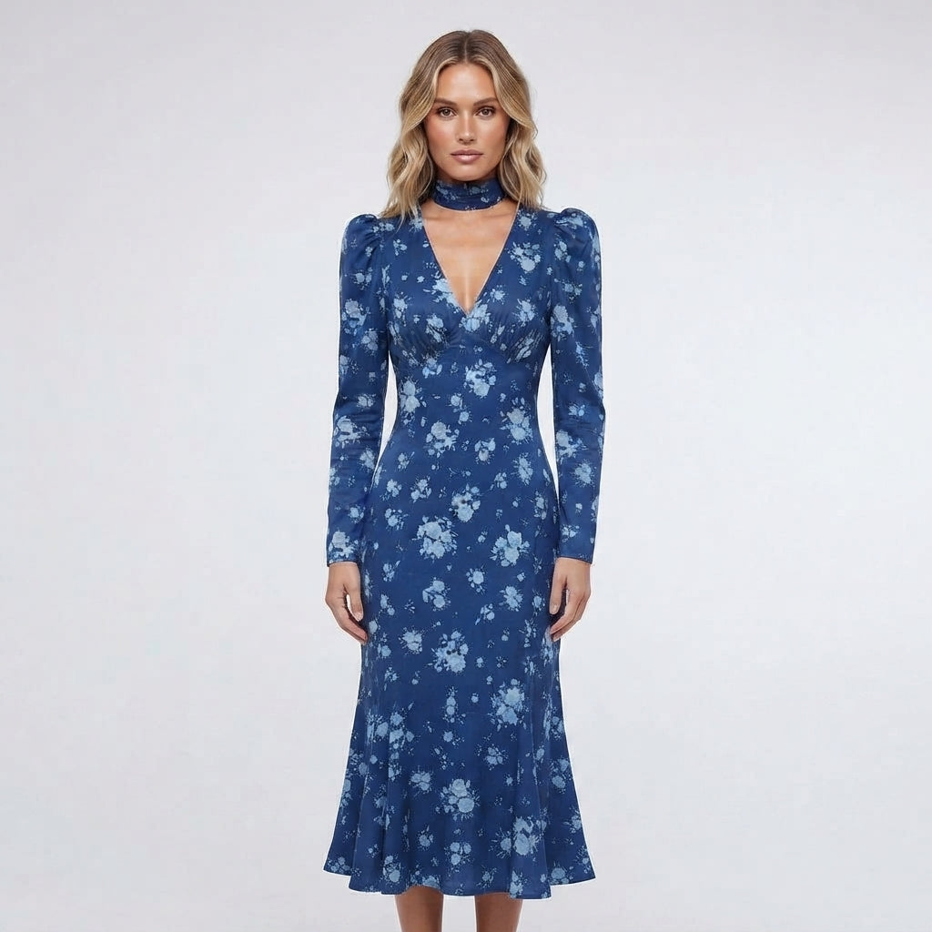 Isabella blue floral V neck midi dress
