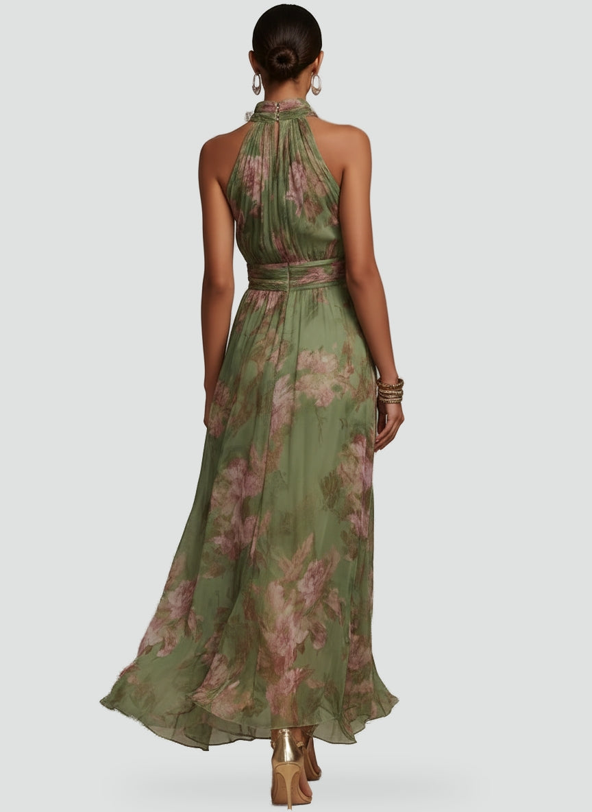 Rosalind green floral wedding guest maxi dress, front view