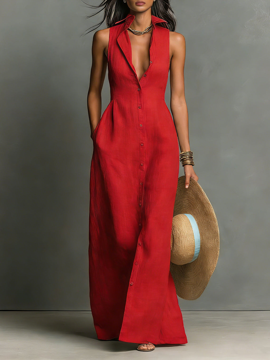 Marisol sleeveless linen maxi dress in red