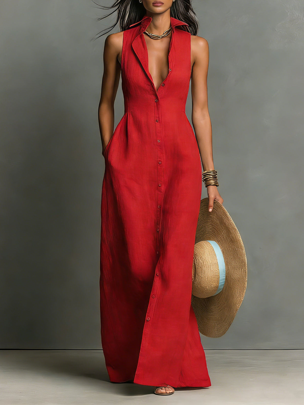 Marisol sleeveless linen maxi dress in red
