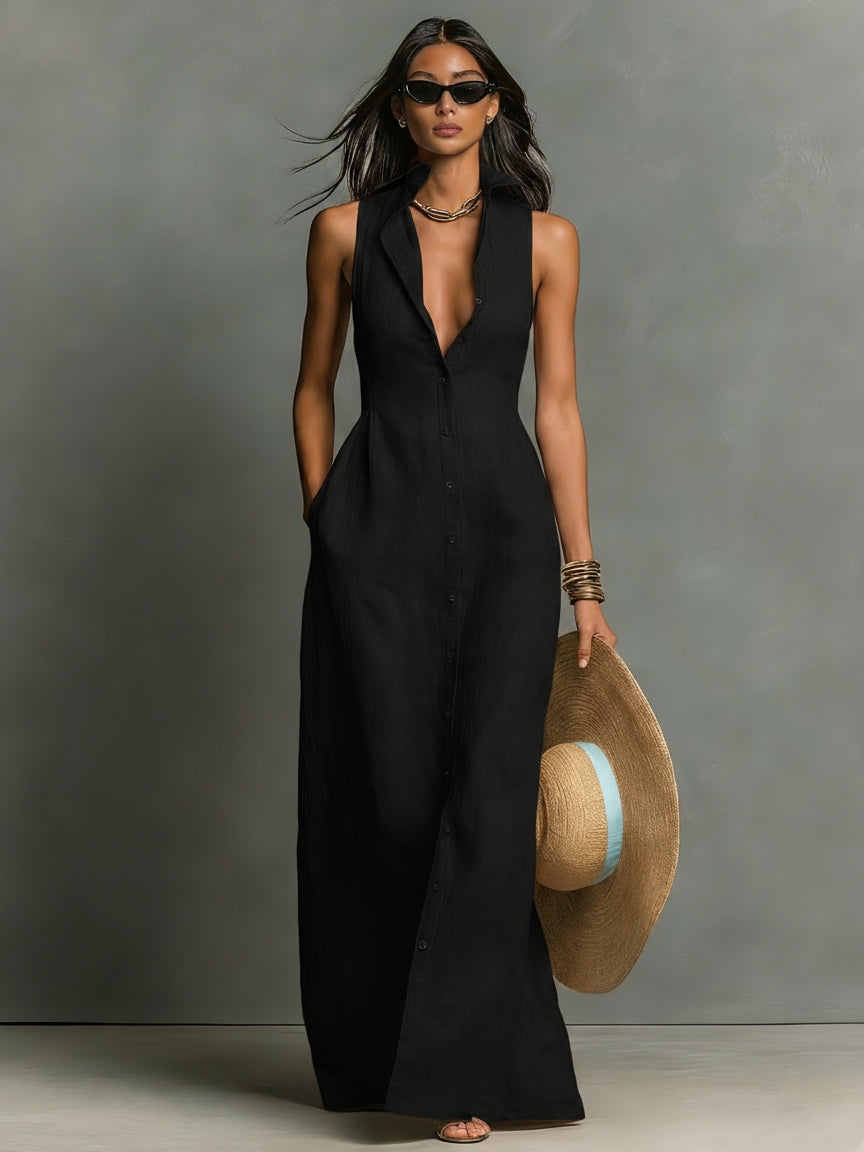 Marisol sleeveless linen maxi dress, front view