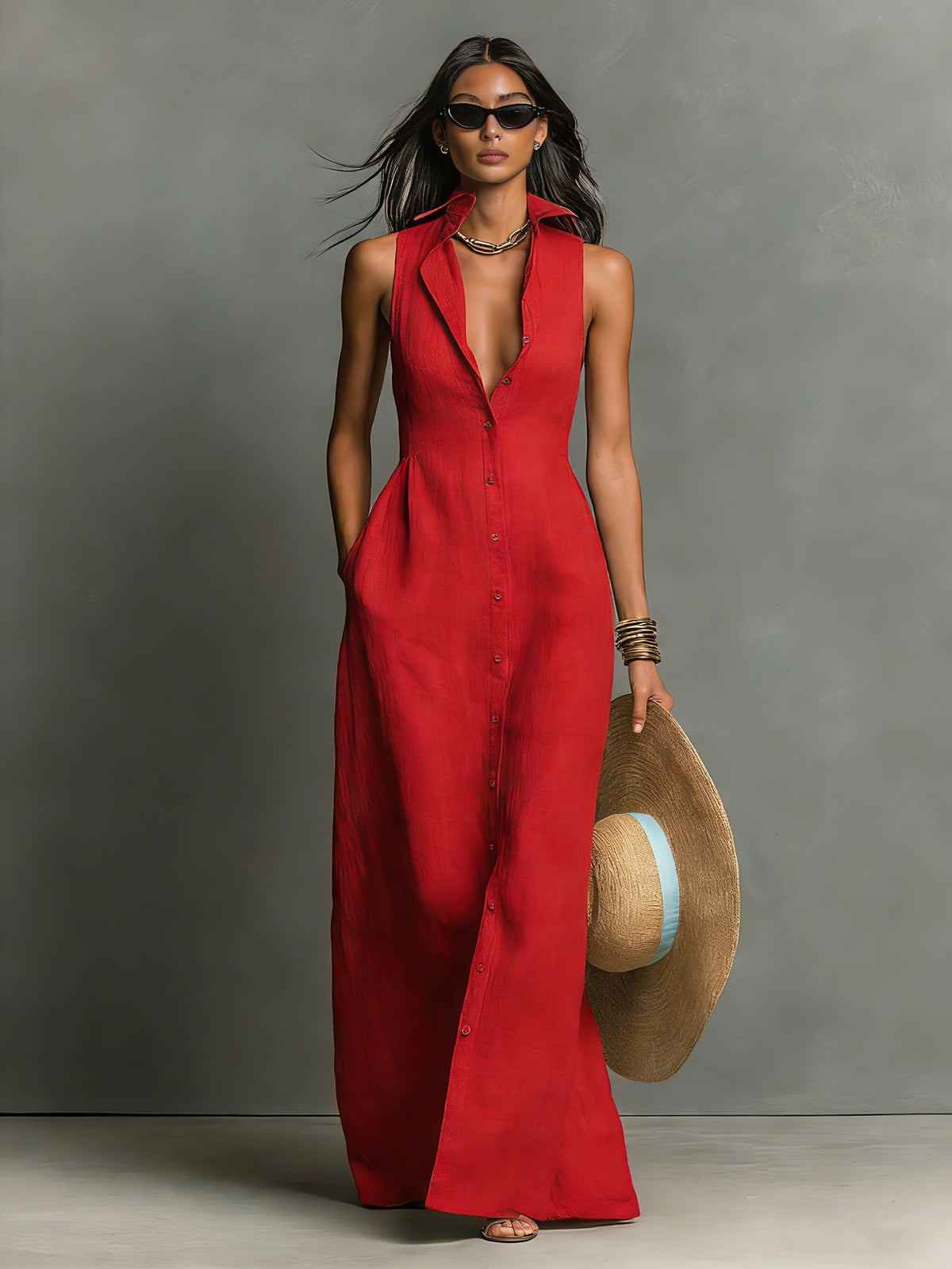 Marisol sleeveless linen maxi dress, side view
