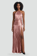 Seraphina metallic halter neck maxi dress in gold